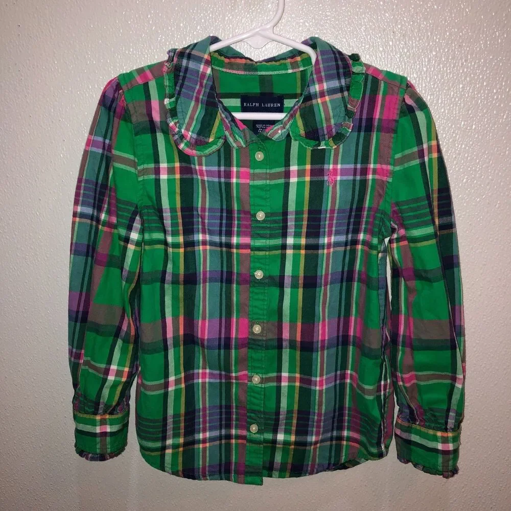 Ralph Lauren Girls Sz 6 Green Pink Plaid Button-Up Shirt Top Ruffle Collar Cuffs